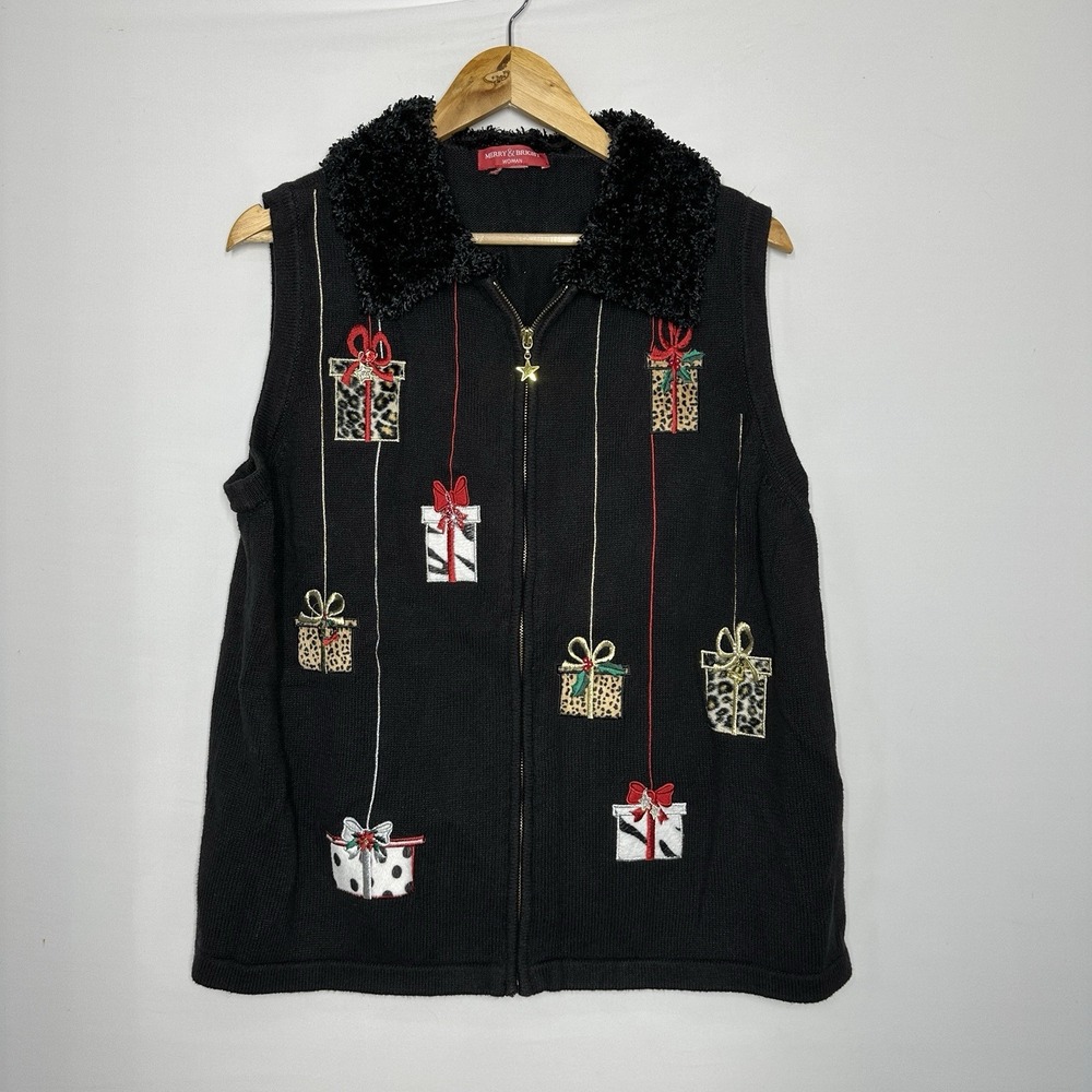 vintage Merry & Bright black knit holiday sweater vest Christmas Medium Black